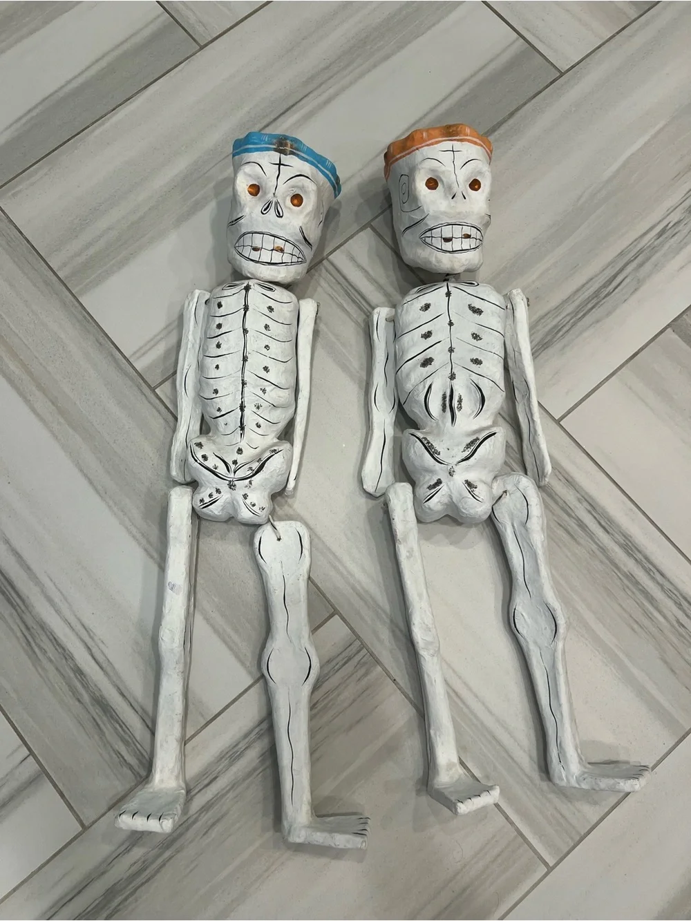 2 Vintage Handmade Mexican Folk Art Paper Mache Skeleton